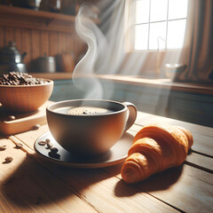 Cup of coffee on a saucer and croissant