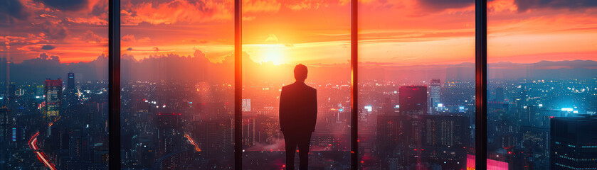 Fototapeta premium Businessman Overlooking City at Sunset
