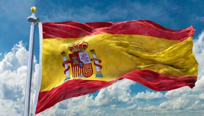 flag of spain waving in the wind on flagpole against the sky with clouds on sunny day banner close up