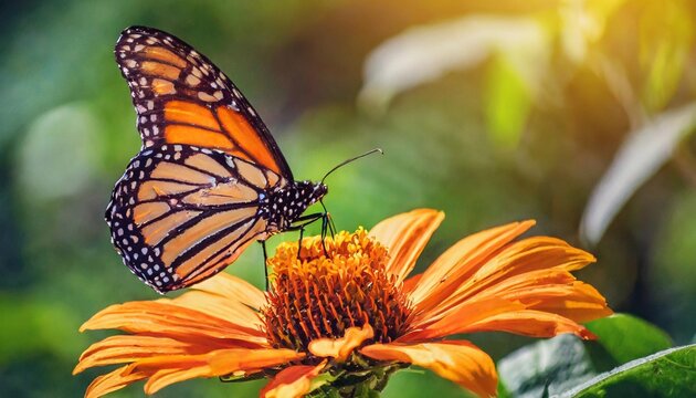 monarch butterfly and orange flower in the summer garden