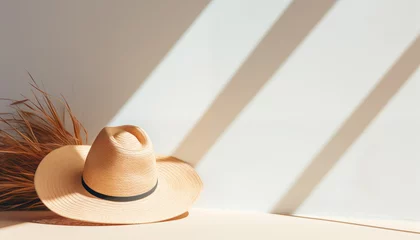 Poster straw hat on a background of a white wall with beautiful light from the window. summer composition of hat and sun. vacation to resort countries. © Juli Puli