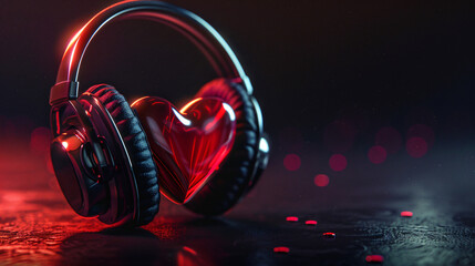 Heart in headphones on a dark background.