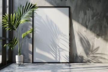 Interior poster mockup with a square metal frame and plants in a vase against a white wall