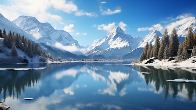 A serene lake reflecting snow-capped mountains and a clear blue sky