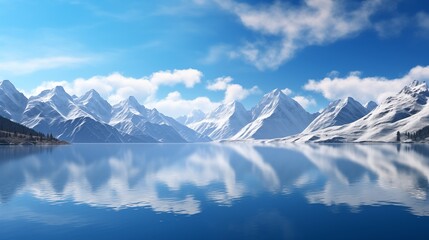 Fototapeta na wymiar A serene lake reflecting snow-capped mountains and a clear blue sky