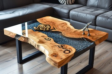 Expensive vintage furniture. The table is covered with epoxy resin and varnished. Luxury quality wood processing. Wooden table on a concrete background. A nautical epoxy river in a rectangular slab.
