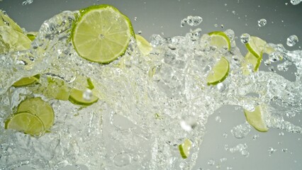 Freeze Motion of Flying Slices of Limes with Splashing Water.