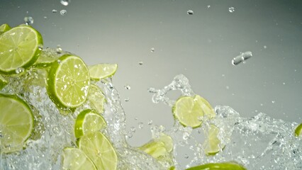 Freeze Motion of Flying Slices of Limes with Splashing Water. - 743752797