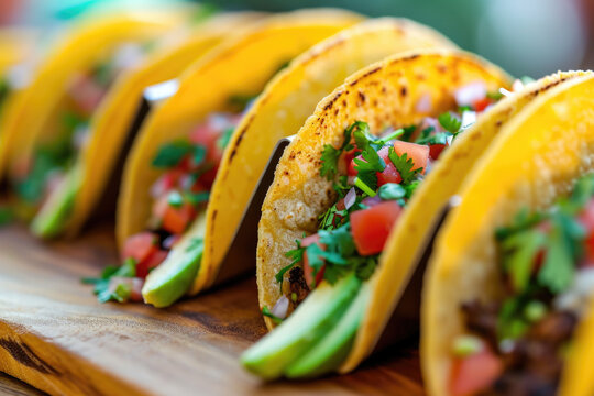 Row of tacos on wooden cutting board, perfect for food blogs or restaurant menus