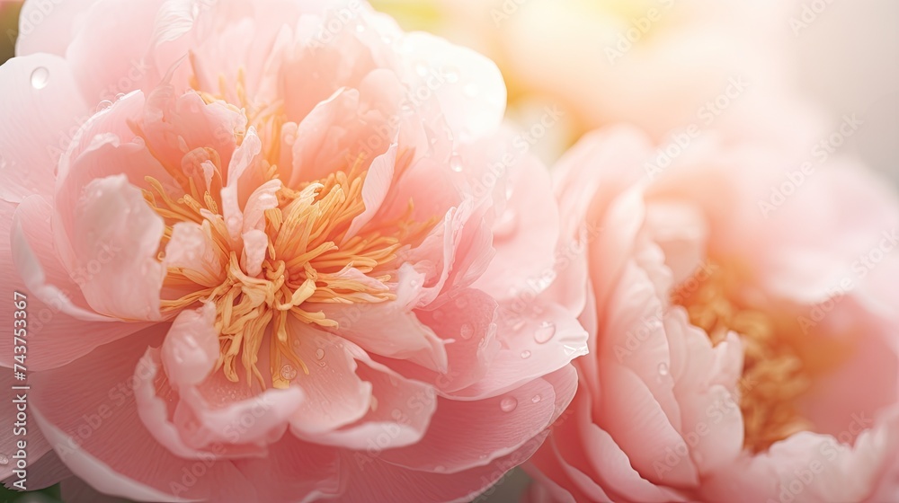 Poster delicate pink flowers adorned with sparkling water droplets, creating a dreamy and enchanting scene