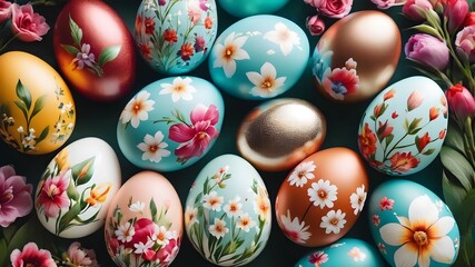 Fototapeta premium Close-up of hand-painted Easter eggs with intricate designs and vibrant colors.