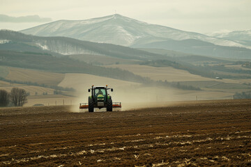 Obraz premium Tractor working in field with picturesque mountain backdrop