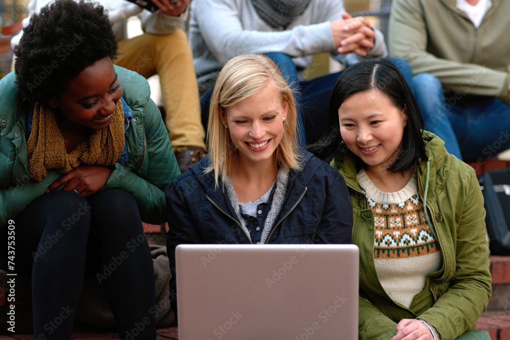 Poster University, women and laptop on stairs outdoor for research, relax or break on campus with social media. College, students and smile with technology for internet, streaming or learning and diversity