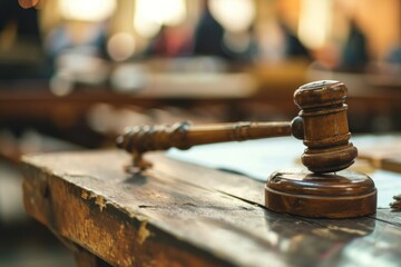 Martillo de juez sobre mesa de madera en tribunal concepto justicia