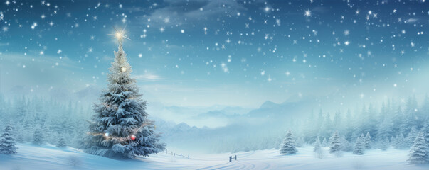 Beautiful christmas tree in fairytale snowy landscape. Wallpaper and background.