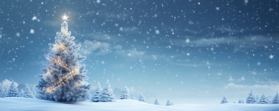 Beautiful christmas tree in fairytale snowy landscape. Wallpaper and background.