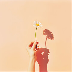 Hand holding daisy as an indication of the arrival of spring. Minimal design artwork wallpaper