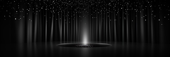 A dramatic black and white photograph captures a stage bathed in a single spotlight, creating a...