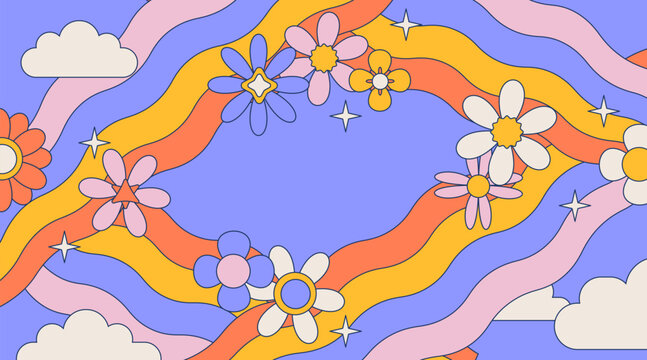 Hand Drawn Psychedelic Groovy Background With Flowers, Rainbows, Clouds In 70s Retro Vivid Colors. Vintage Psychedelic Sky Frame. Vector Contour Cartoon Illustration.