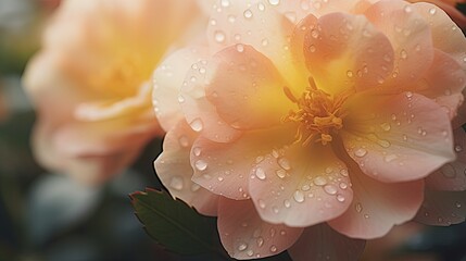 A close up of a delicate flower covered in shimmering water droplets, capturing the beauty and...
