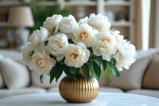 A delicate vase filled with white flowers sits gracefully atop a wooden table, exuding a sense of purity and tranquility