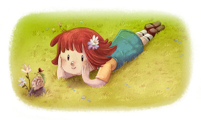 Little girl talking to a snail in the field