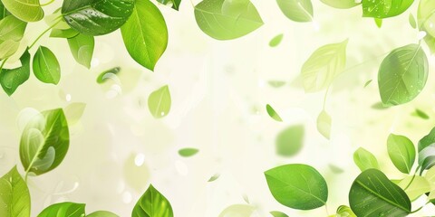 Luminous green leaves floating on a bright, bokeh-lit background, embodying a fresh and serene atmosphere.