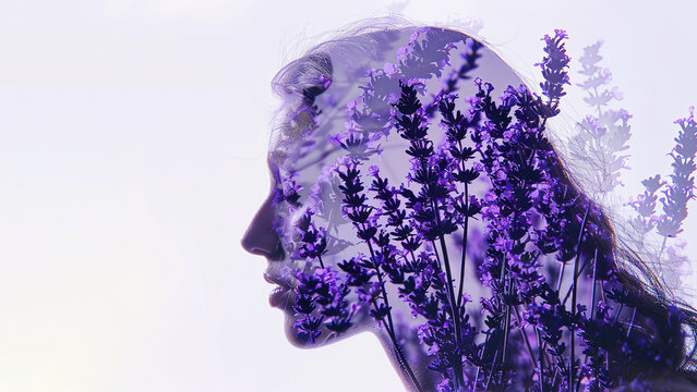A model girl with lavender flowers in the decoration of a double exposition. Portrait of a beautiful young brunette with flowing long hair in profile.
