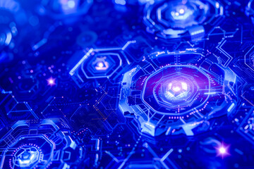 Fototapeta premium Close-up view of a complex digital network with interconnected circuits and nodes in a monochromatic blue scheme.