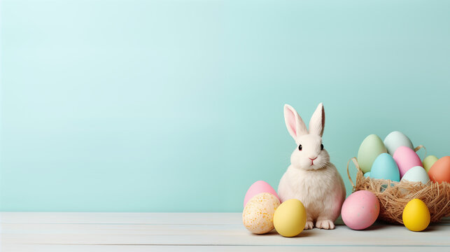 Visuel de P&acirc;ques. Oeuf en chocolat de P&acirc;ques. Printemps, f&ecirc;te de P&acirc;ques. Espace vide de composition, pour conception et cr&eacute;ation graphique.	