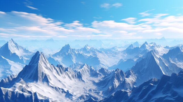 A majestic mountain range stretching as far as the eye can see, dusted with snow under a clear blue sky