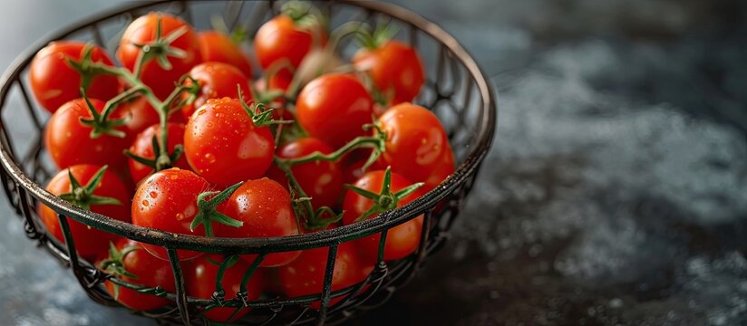 A dark wire basket overflows with an ample harvest of small round cherry tomatoes, a mix of genes from wild currant tomatoes and garden tomatoes.