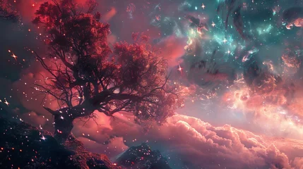 Foto op Plexiglas Mesmerizing landscape, purple sky, stars and a tree © Elvin