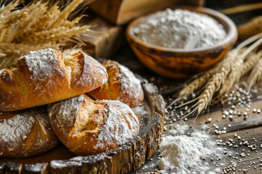Pan artesanal con harina y trigo en tabla