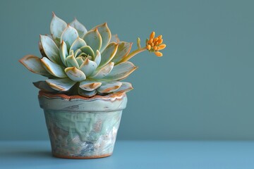 Succulent plant with yellow bloom on pastel blue background
