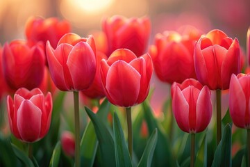 A collection of vibrant red tulips sways gracefully in a vast field, creating a mesmerizing display of color and beauty
