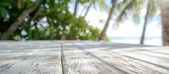 wooden table  tropical beach background - obrazy, fototapety, plakaty