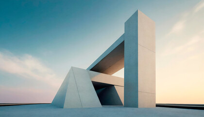 Futuristic building by sunset, concrete walls, exterior