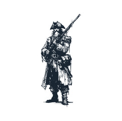 The dirty pirate hold a riffle. Black white vector illustration.