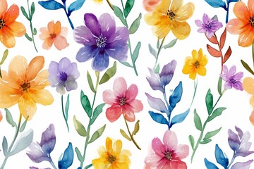 Fototapeta premium Watercolor seamless Illustration of spring flowers with various types of flowers, concept of the arrival and onset of spring. Concept for wrapped cover paper