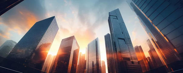 Selbstklebende Fototapeten Skyscrapers in futuristic city with sunrise. © Filip