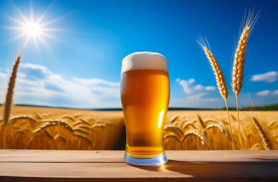 One glass with pmv against the background of a wheat field and blue sky