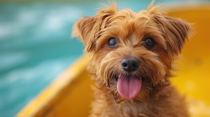 Cheerful dog with tongue out on light colored background. Playful pet posing for camera.