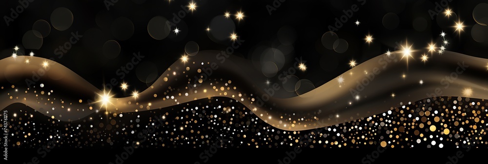 Poster a mesmerizing display of gold stars shimmering against a black backdrop, with elegant waves dancing 
