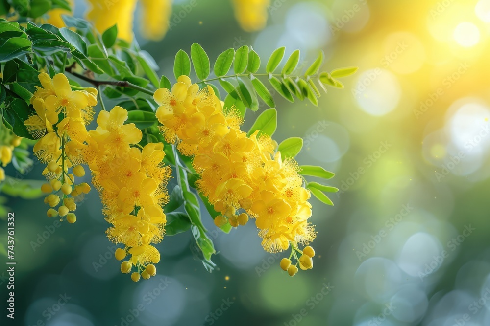 Poster a branch of a tree adorned with clusters of yellow flowers swaying gently in the breeze, soaking in 
