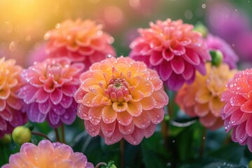 Dahlia vibrant flowers glistens with droplets of water, showcasing the beauty and purity of nature after a refreshing rainfall