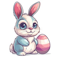 cute cartoon white bunny next to an easter egg on white isolated background