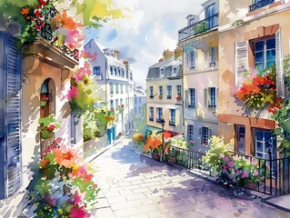 Paris streets with windows and houses and flowers in watercolor style