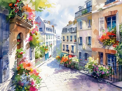 Fototapeta Paris streets with windows and houses and flowers in watercolor style