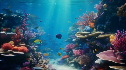 A colorful underwater coral reef teeming with exotic fish and swaying sea plants